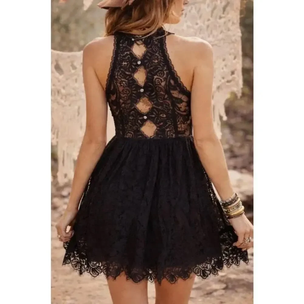 Free People Verushka Lace Mini Dress Black Fit & Flare Boho Mini Dress Size 6